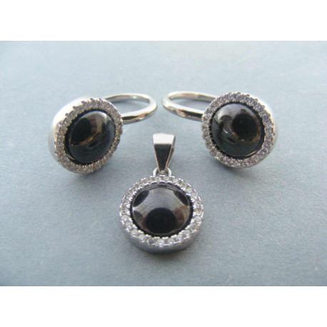 Strieborná dámska súprava prívesok,naušnice čierny kameň ONYX, zirkóny DSS743 925/1000 7,43g