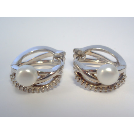 Ródiované dámske naušnice kruhy perlička,kamienky zirkóna VAS490 925/1000 4,90 g